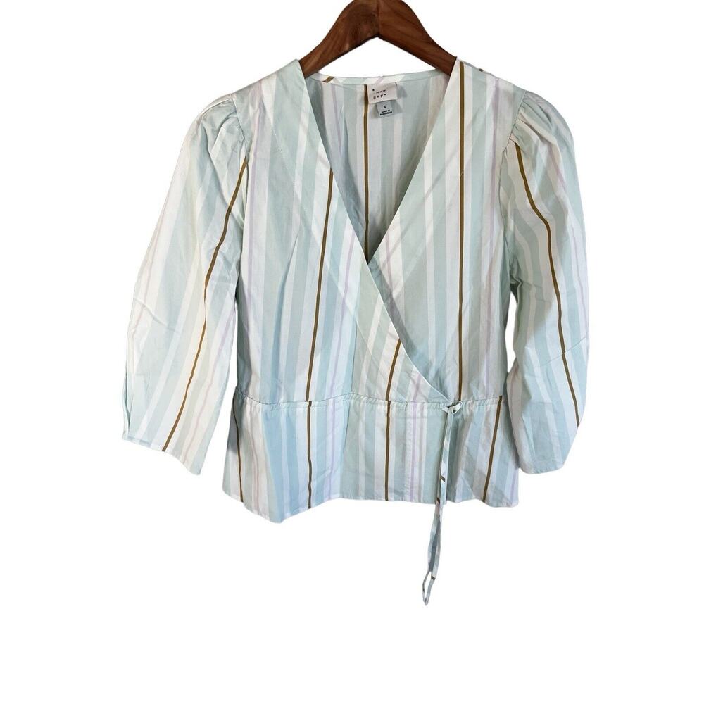 A New Day 100% Cotton Mint Green Striped Faux Wrap Blouse Size Small
